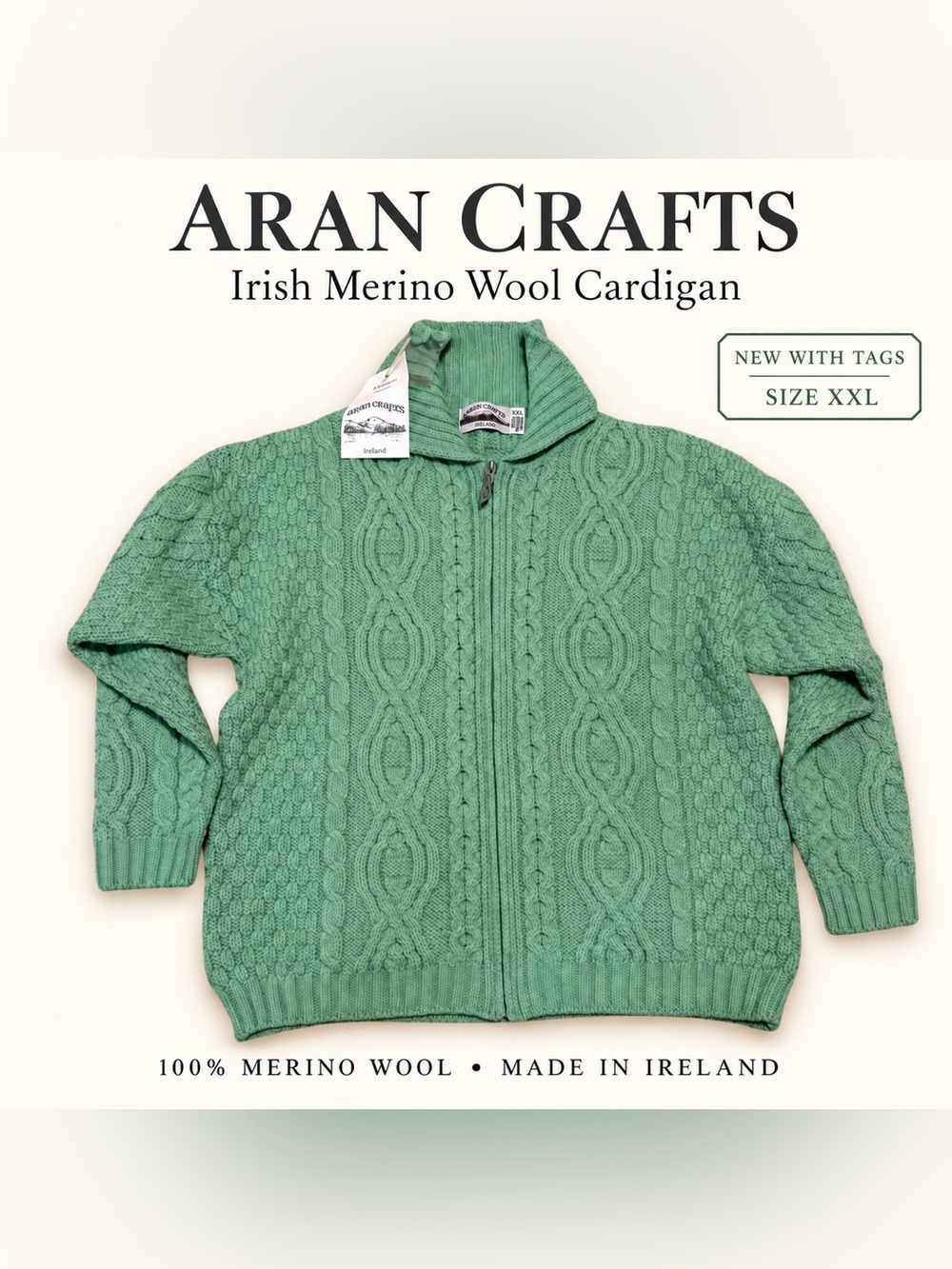 Aran Crafts Green Merino Wool Cable Knit Full Zip Cardigan XXL NWT